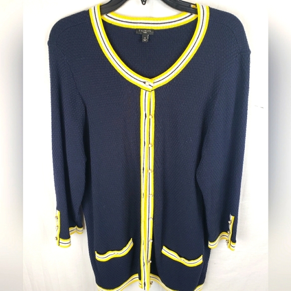 Talbot's Navy and Yellow 3/4th Length Sleeve Button Down Sweater w/Pockets Sz 1X - Picture 1 of 11